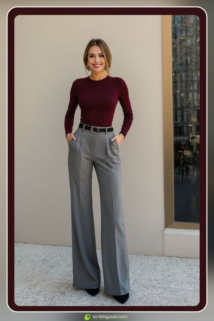 High-Waisted Trousers with a Fitted Knit Top