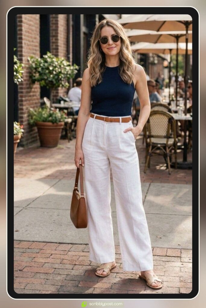 Linen Wide-Leg Trousers with a Sleeveless Blouse