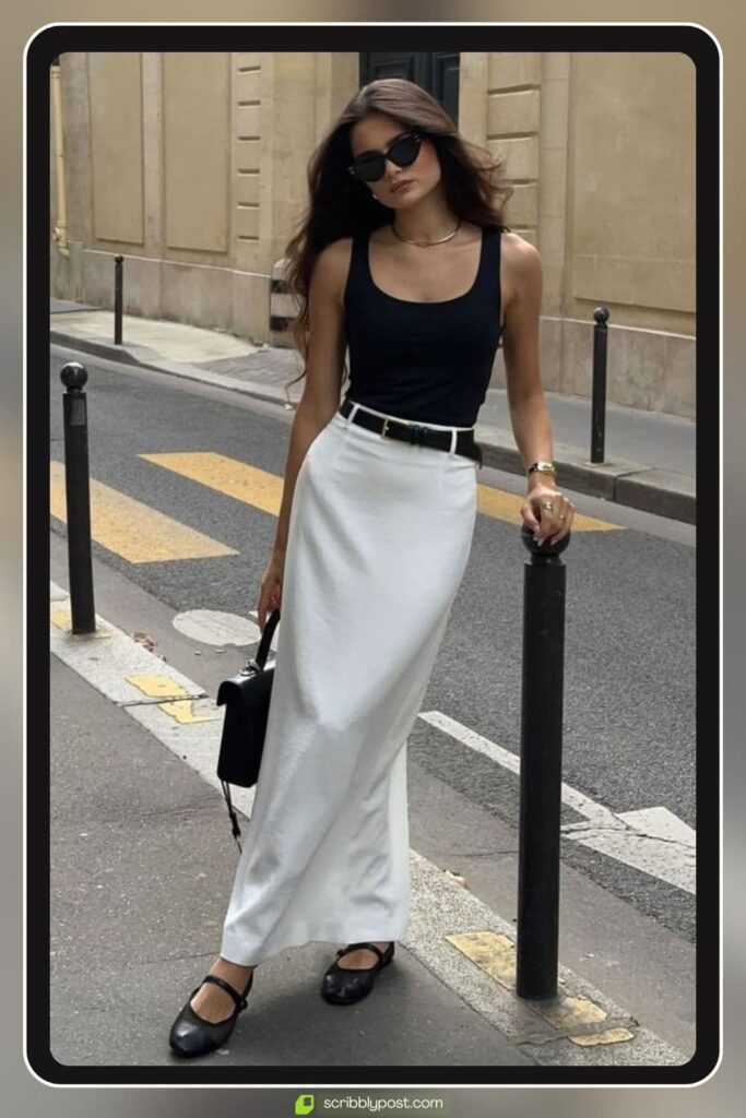 Maxi Skirt with a Fitted Sleeveless Top and a Light Layer