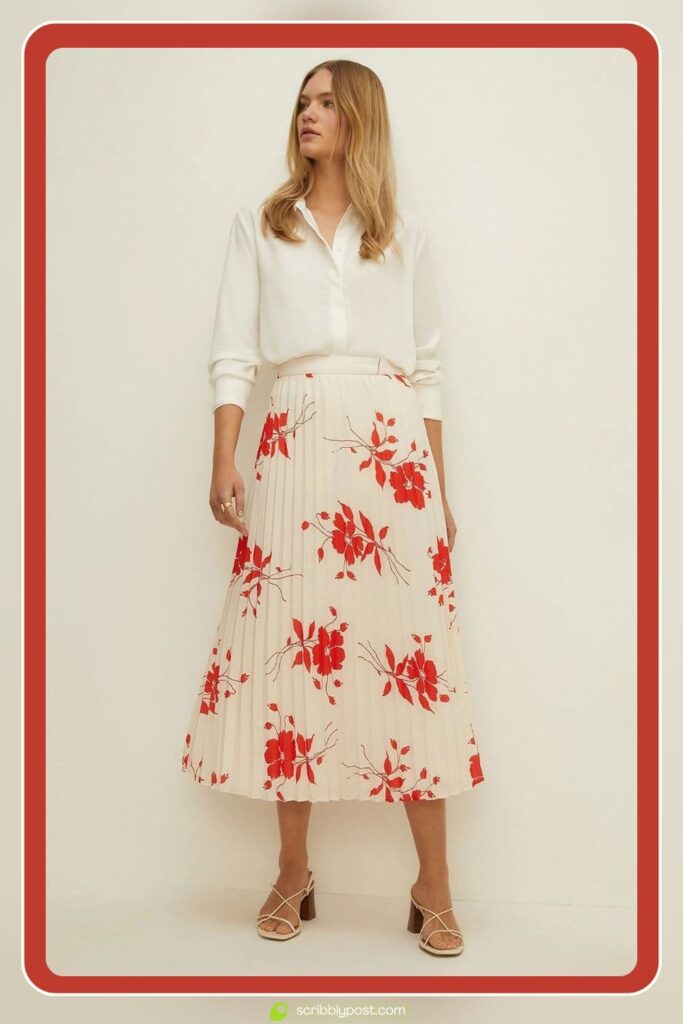Printed Midi Skirt with a Plain White Blouse