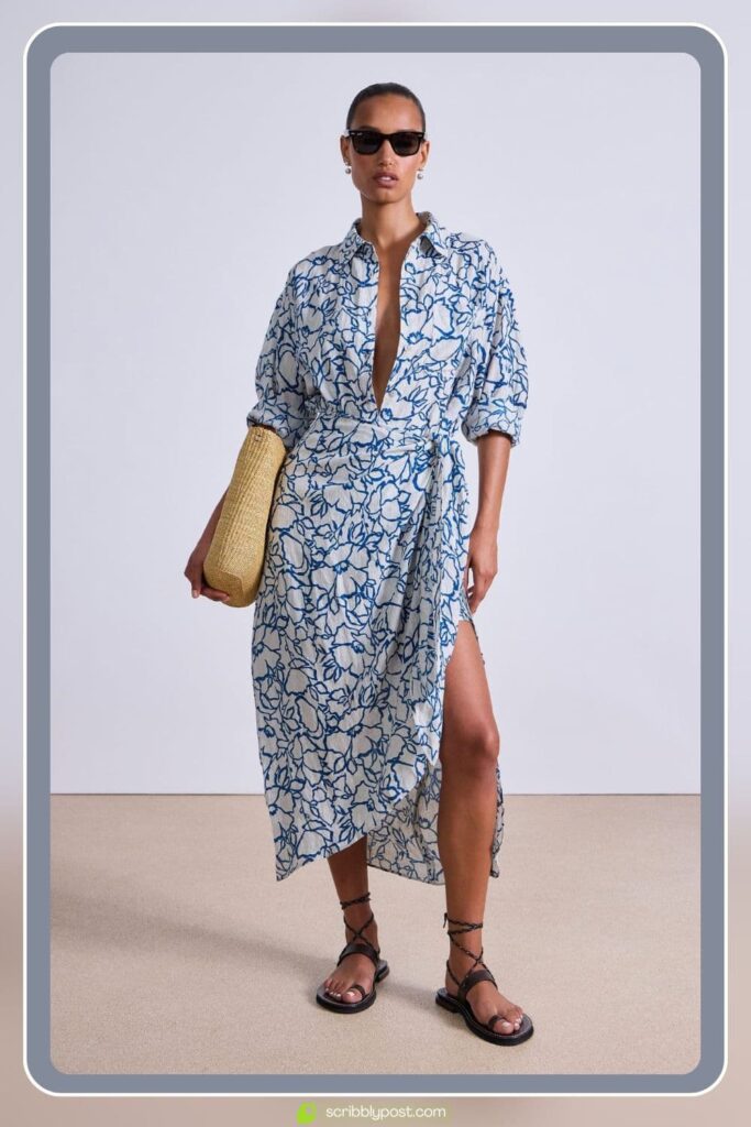 Printed Wrap Dress and Woven Sandals