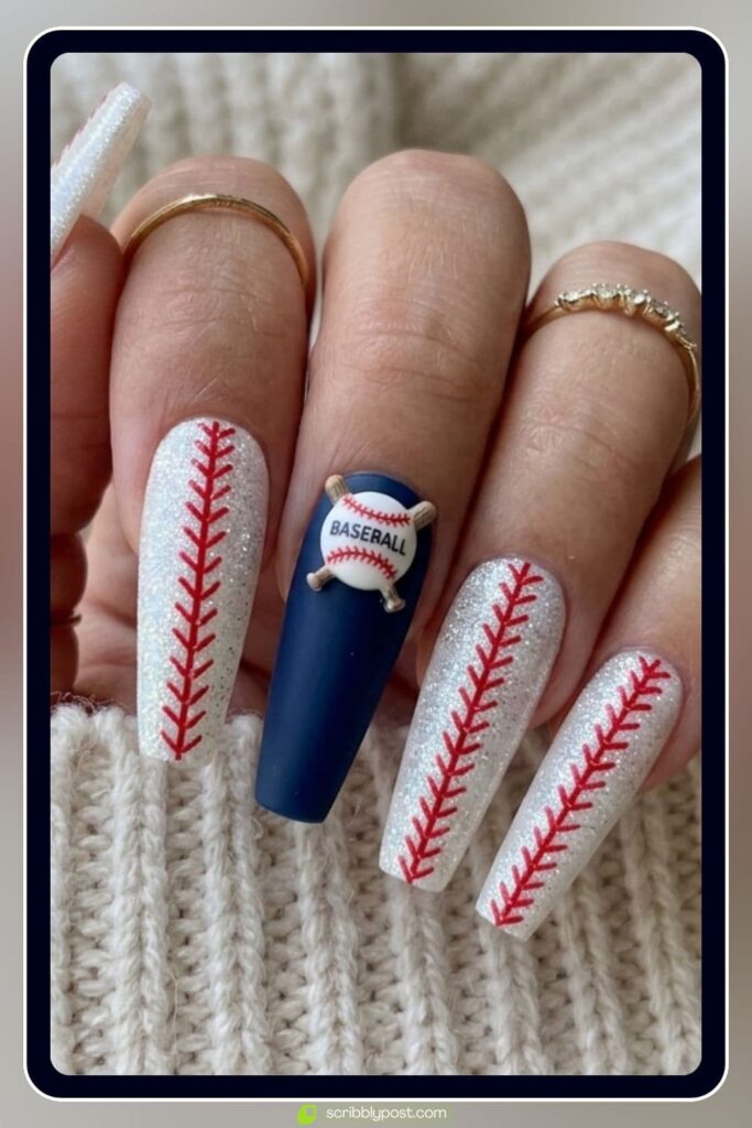 Baseball Acrylic Nails in Coffin Shape