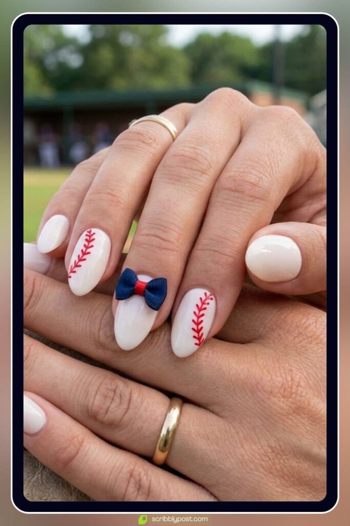 Baseball Mom Nails with Bow and Stitch