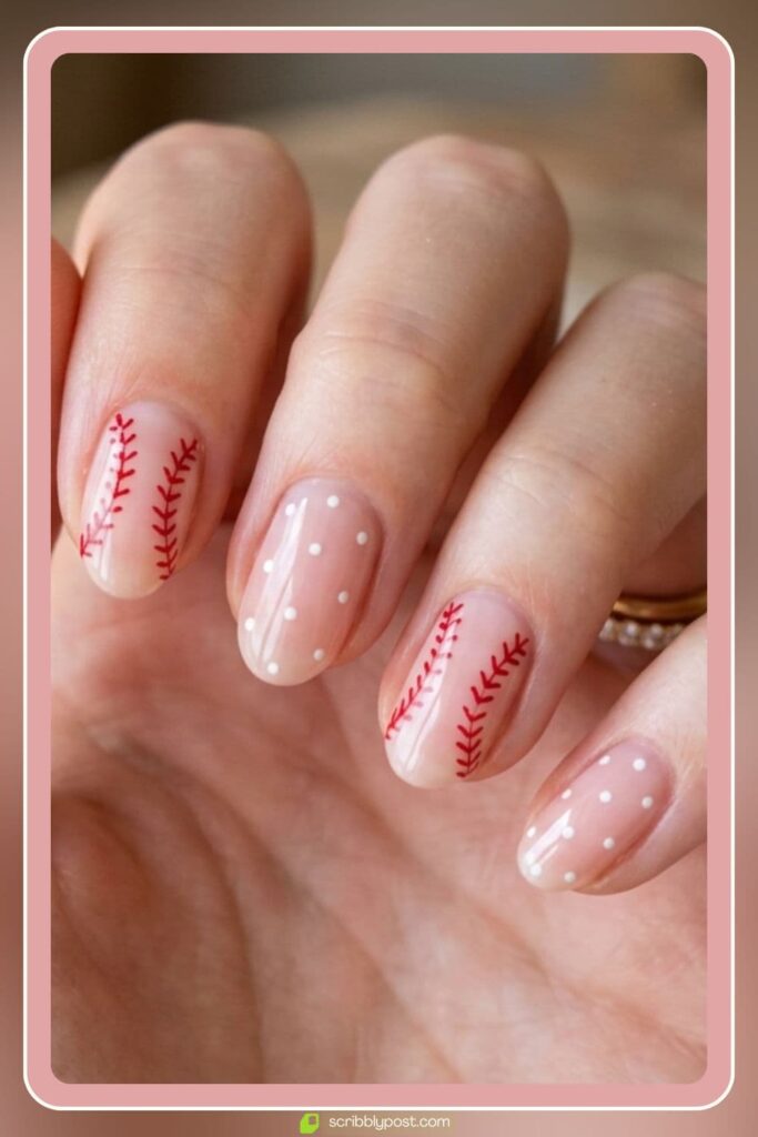 Baseball Theme Nails in Soft Pink