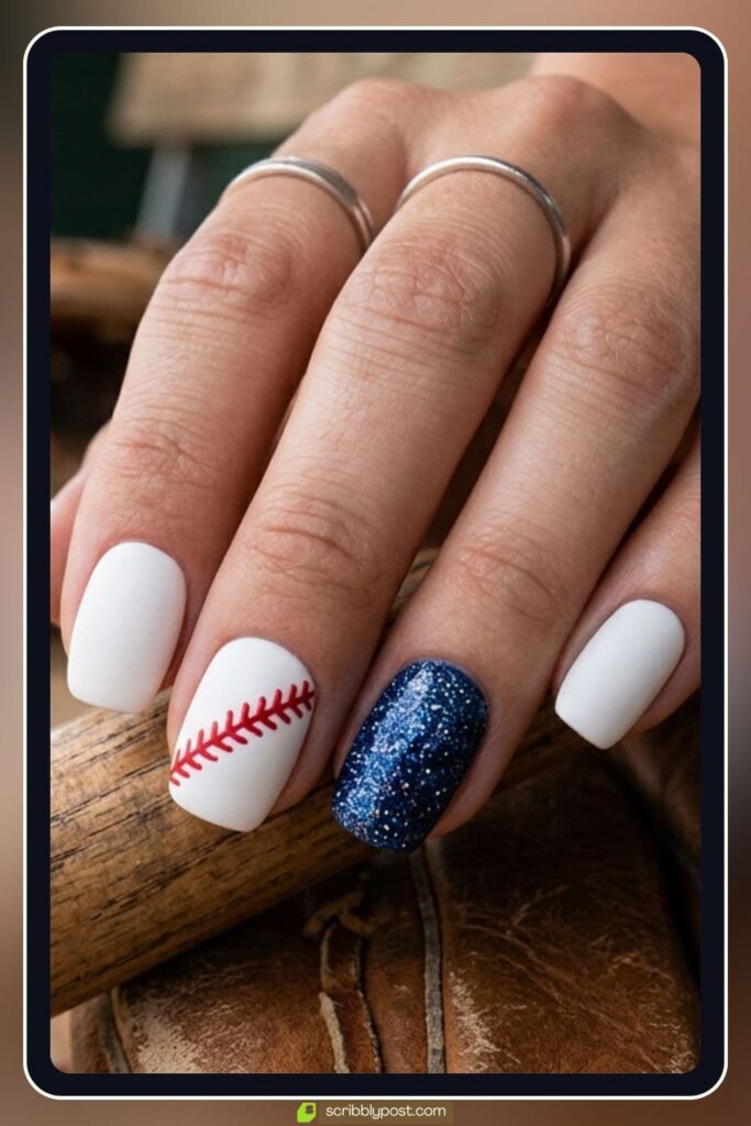 Baseball Themed Nails with Glitter Accents