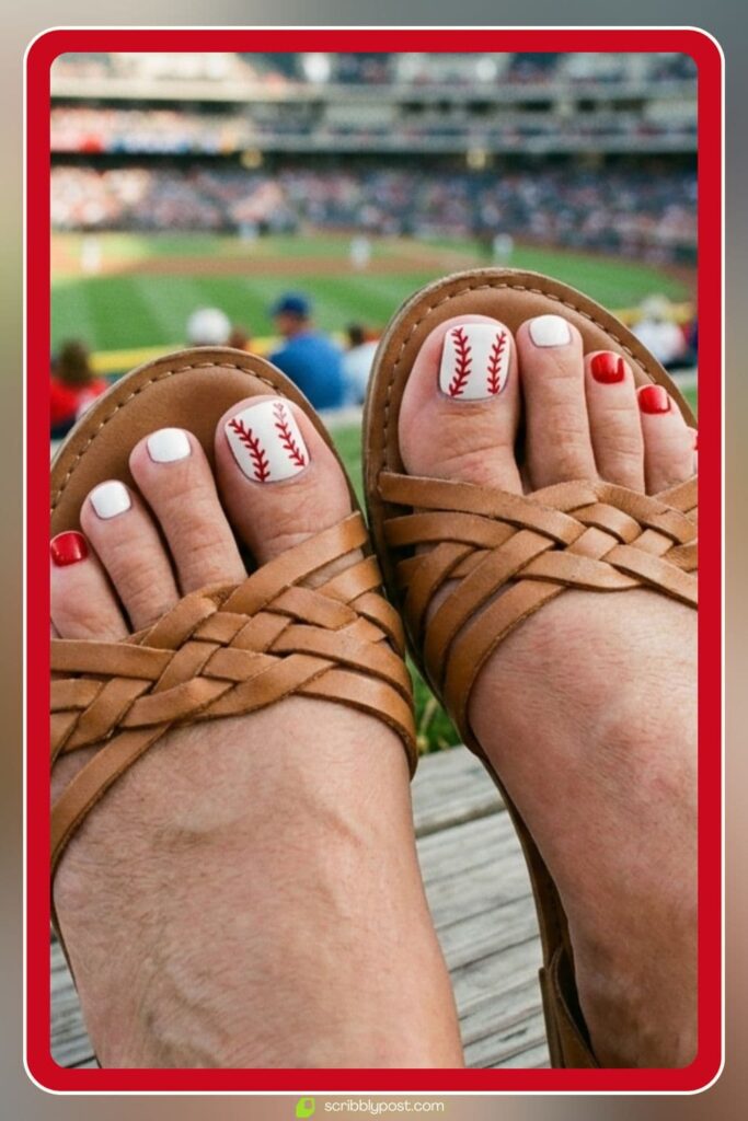 Baseball Toe Nails in Red and White