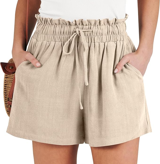 Beige Wide Leg Linen Drawstring Shorts