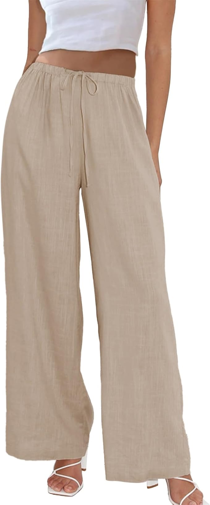 Beige Linen Drawstring Trousers