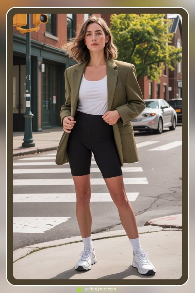 Bike Shorts + Oversized Blazer + Pointed-Toe Flats
