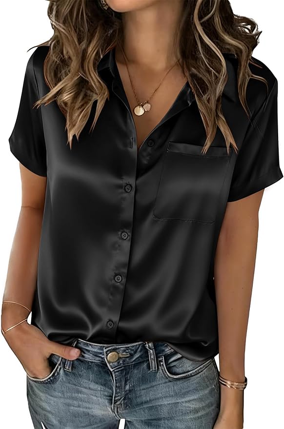 Black Silk Short Sleeve Blouse