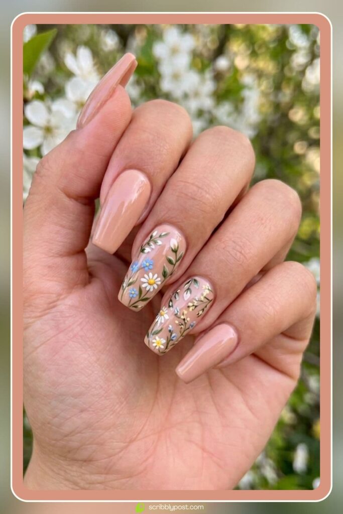 Coffin Acrylic Nails Spring in Nude and Floral