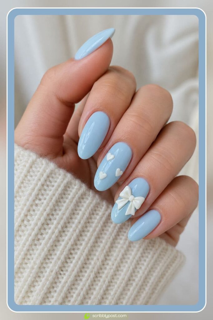 Coquette Baby Blue Nails with White Bow