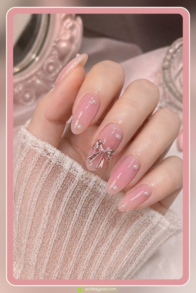Coquette Nails Aesthetic with Chrome Bows