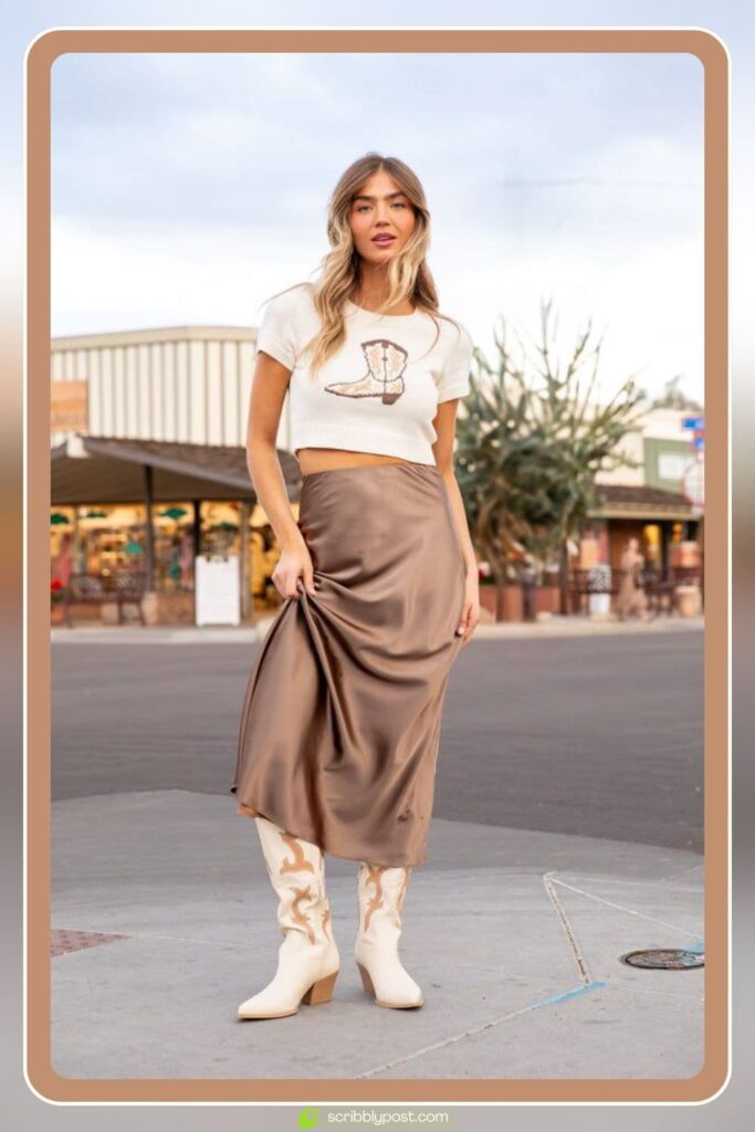 Cowboy Boots, Pleated Midi Skirt and Crop Tee