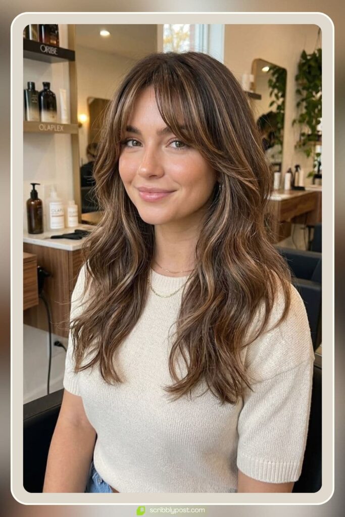Curtain Bangs Long Hair with Layers and Waves