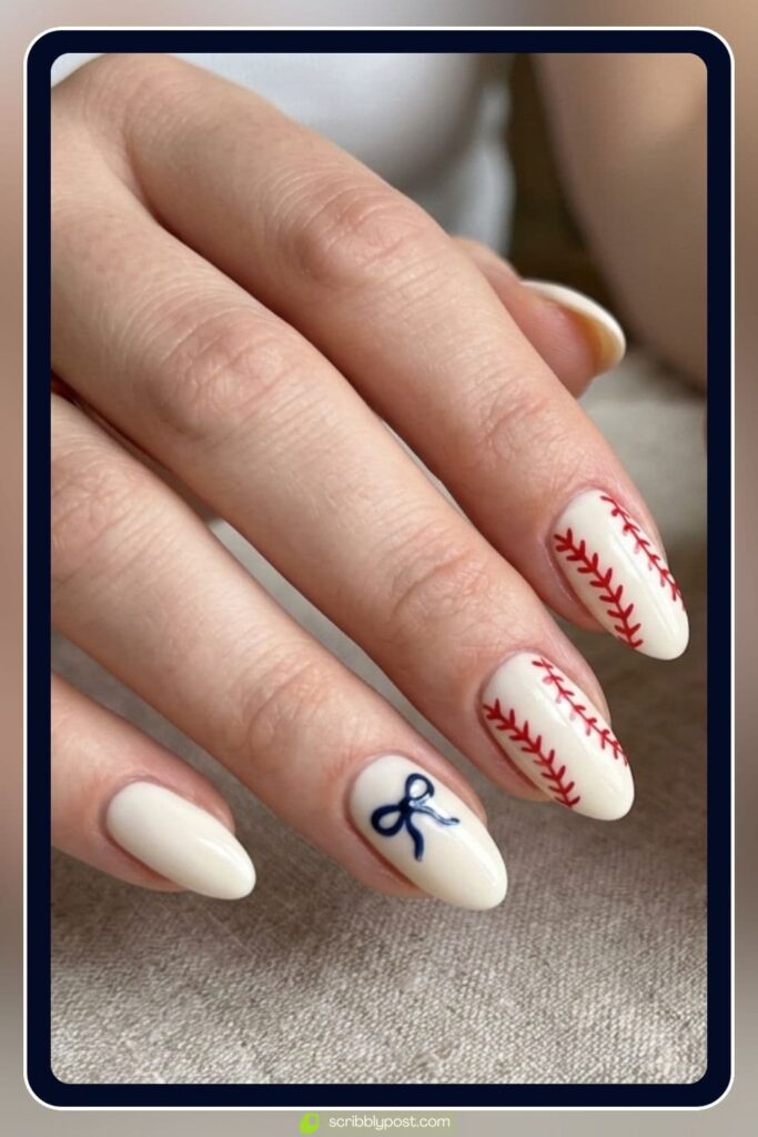 Cute Baseball Nails with Bow and Stitch
