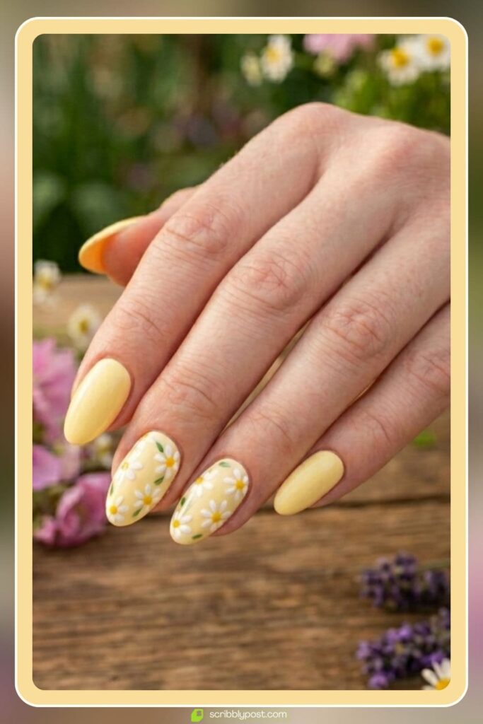 Cute Spring Acrylic Nails with Daisy Details
