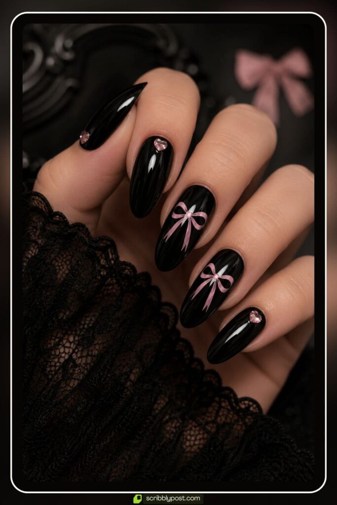 Dark Coquette Nails in Black and Pink