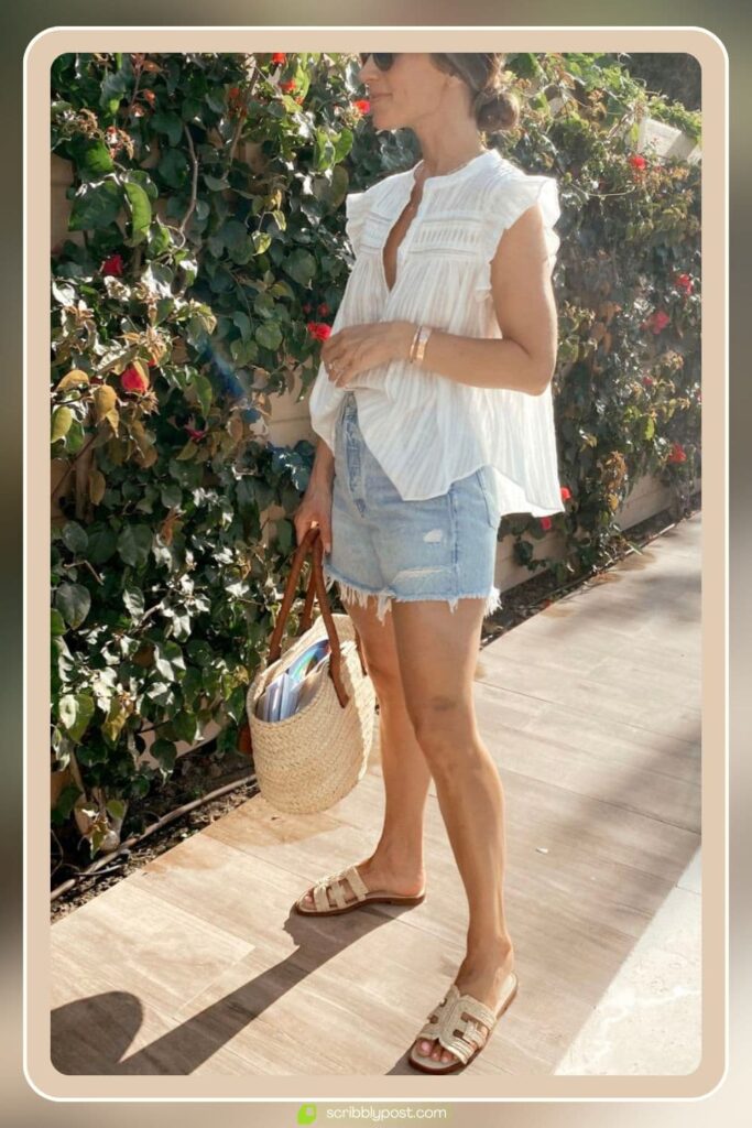 Denim Cutoffs + Linen Button-Down Shirt + Espadrilles