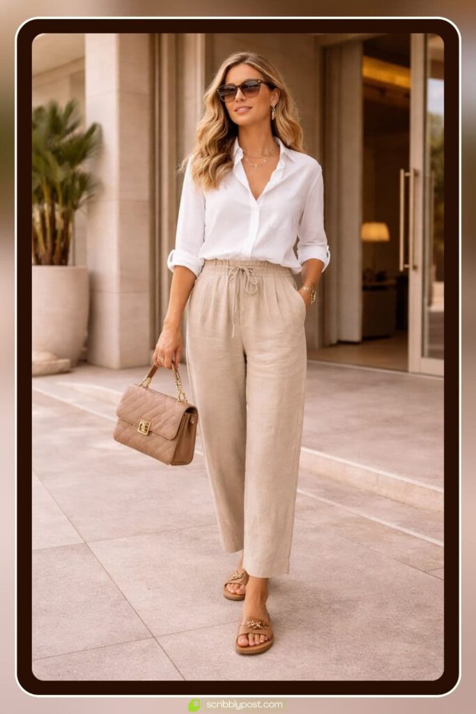 Flat Leather Sandals + Linen Co-ord Set + Gold Jewelry