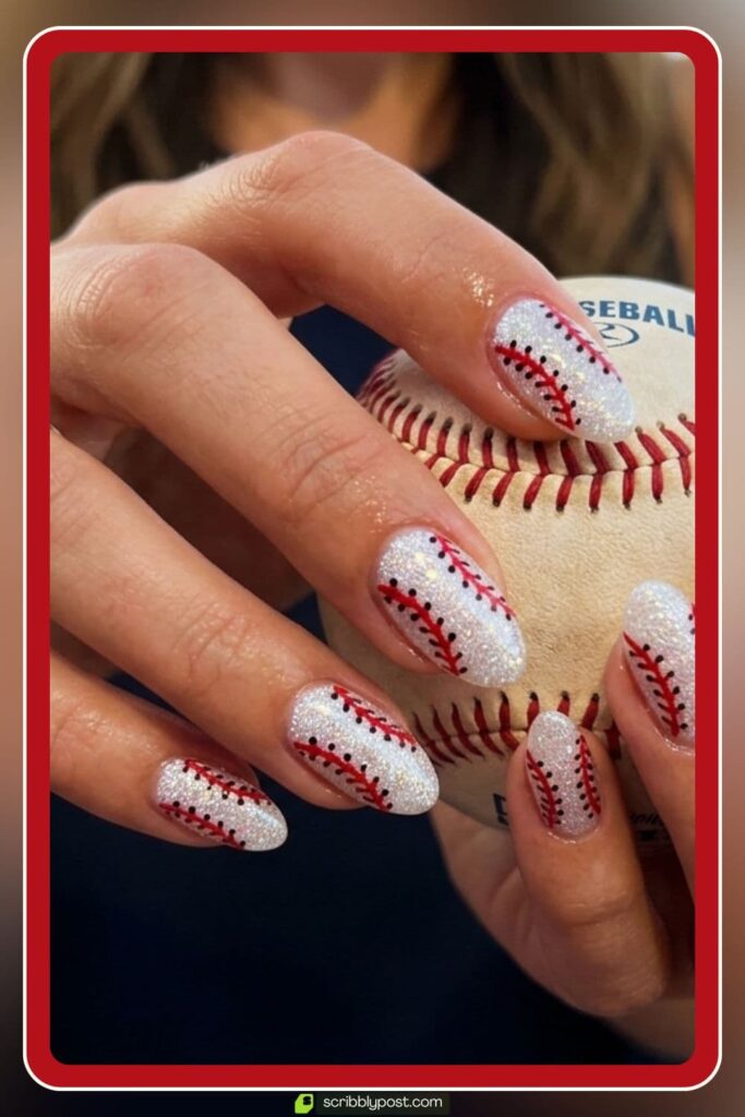 Glitter Baseball Nails in Red and White