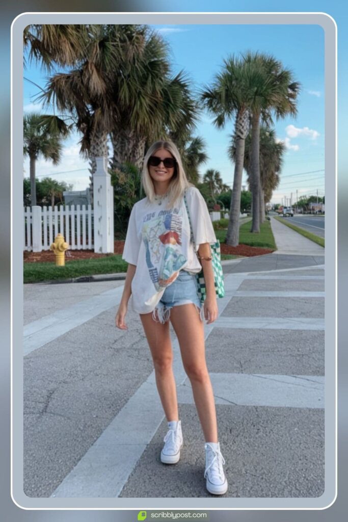 Graphic Tee, Denim Shorts and White Sneakers