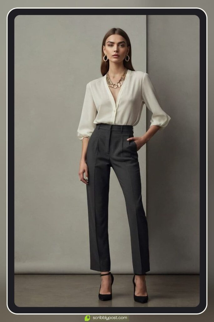 Heeled Strappy Sandals + Tailored Trousers + Silk Blouse