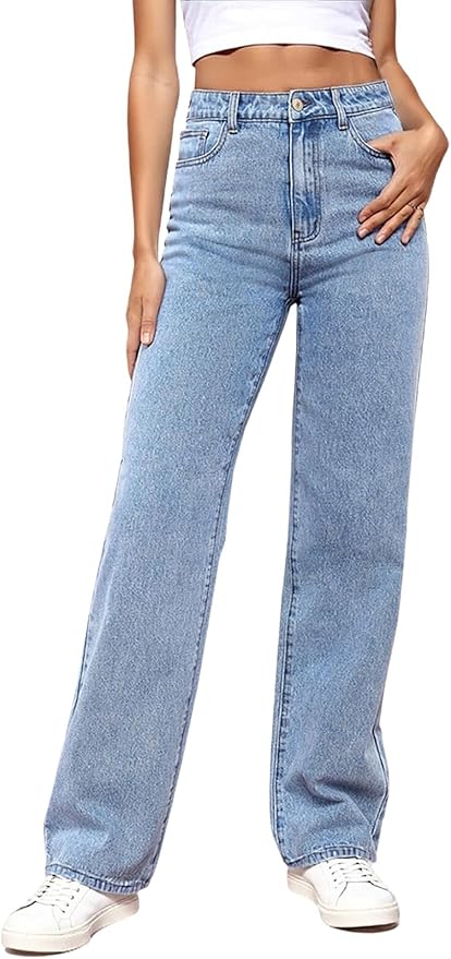 High-waisted Light Wash Straight Jeans