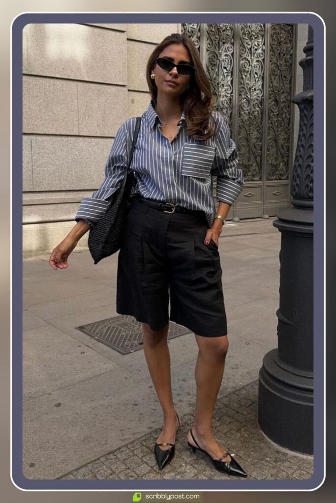 Kitten Heel Sandals + Tailored Shorts + Oxford Shirt