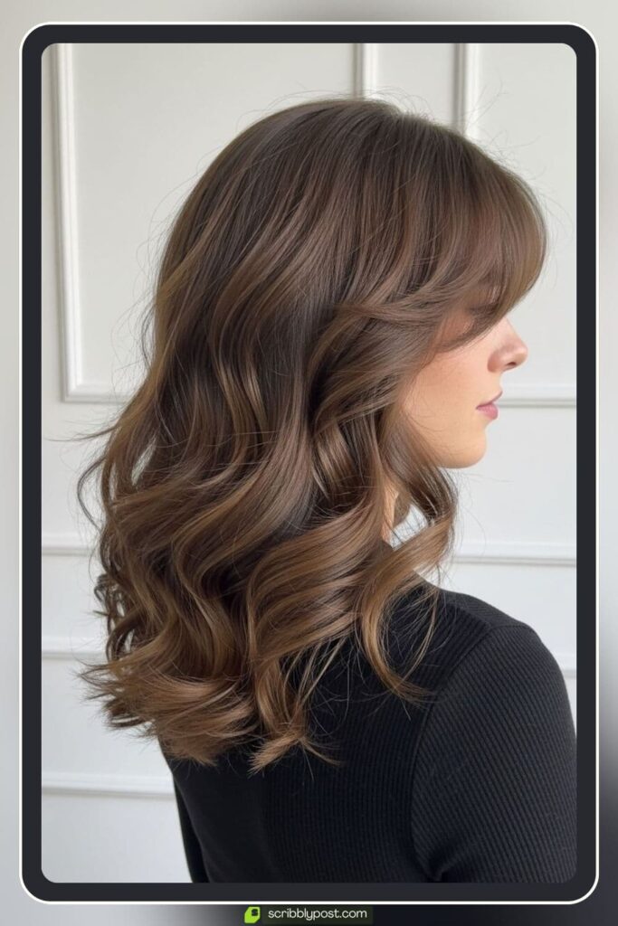 Layered Butterfly Cut Hair with Curtain Bangs and Waves