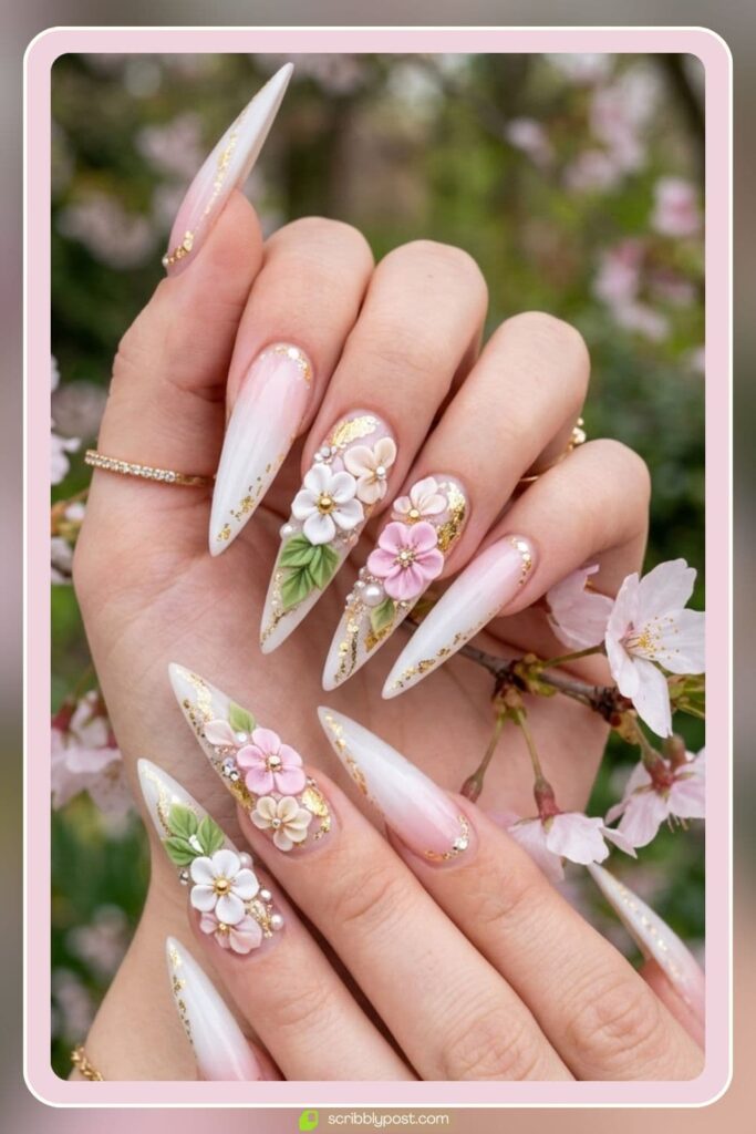 Long Spring Acrylic Nails with Floral 3D