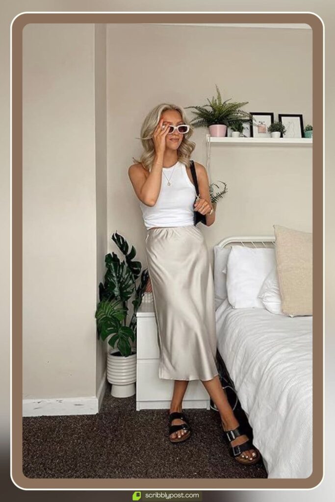 Metallic Flat Sandals + Midi Skirt + Fitted Tank