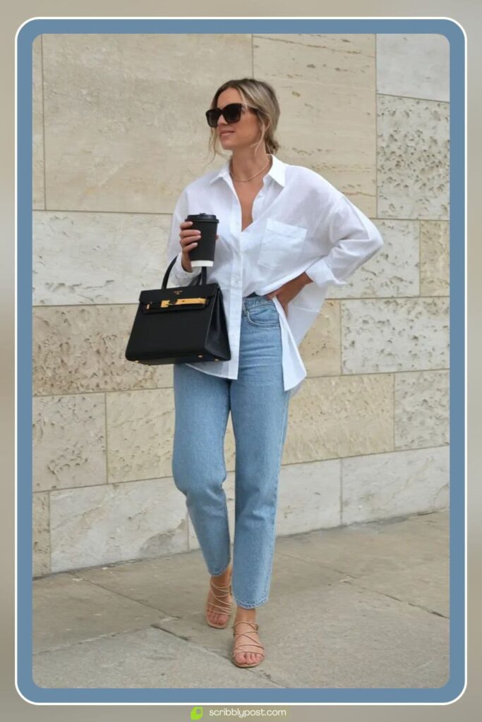 Mule Slides + Straight-Leg Jeans + Oversized Button-Down