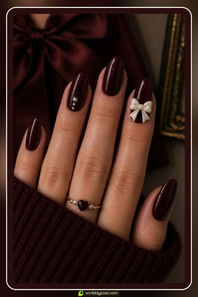 Nails Coquette in Burgundy and Bow