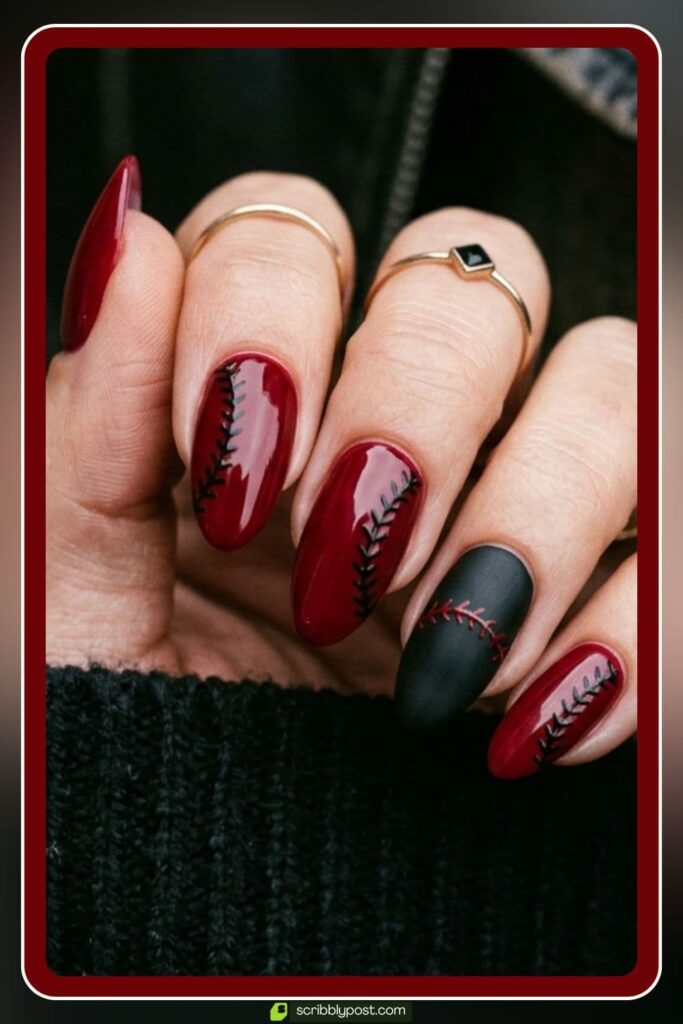 Red Baseball Nails with Black Liner