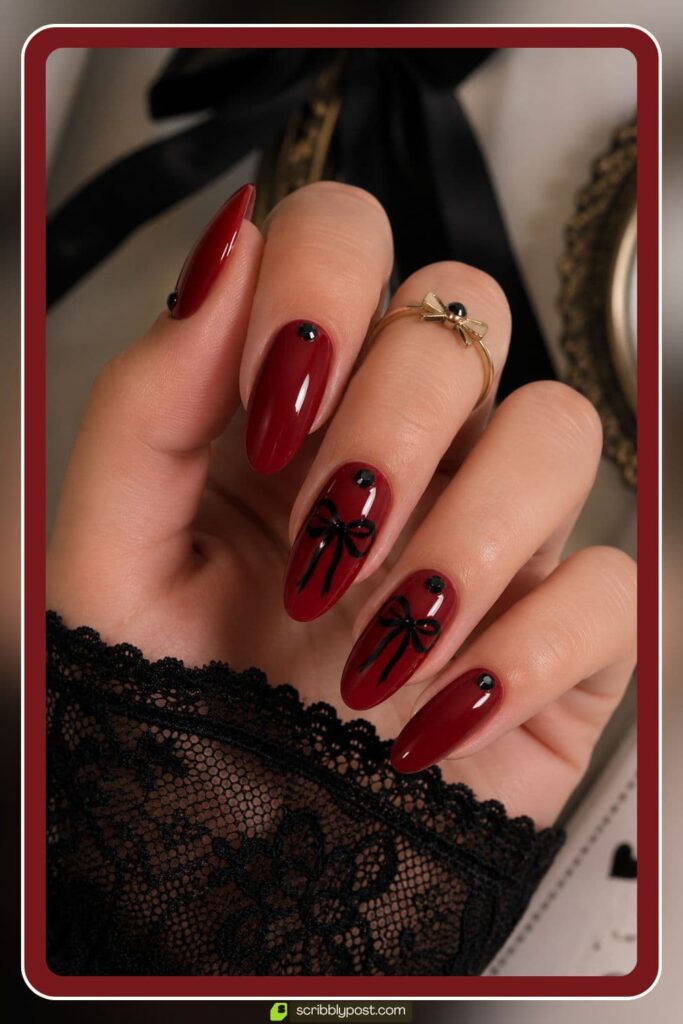 Red Coquette Nails with Black Bow