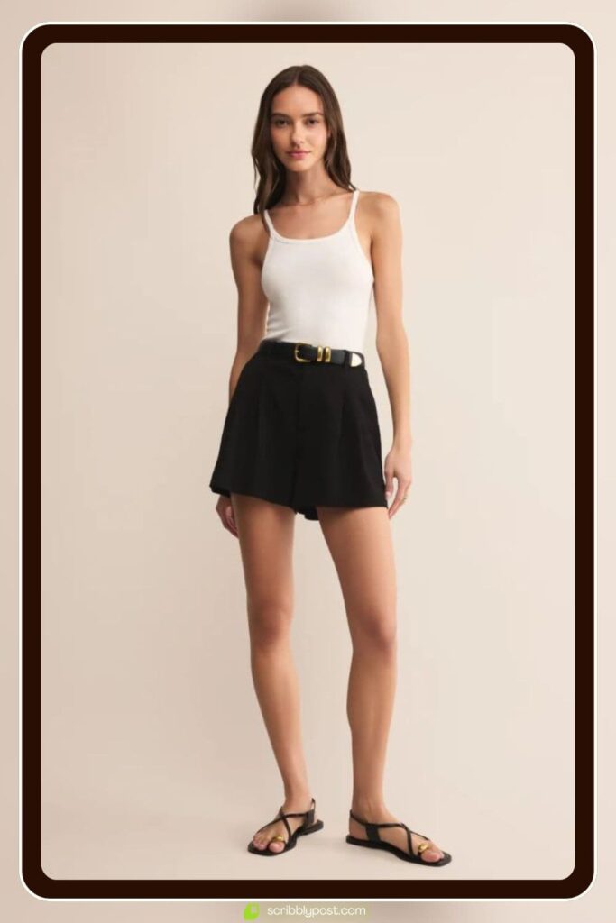 Silk Boxer Shorts + Fitted Camisole + Strappy Flat Sandals