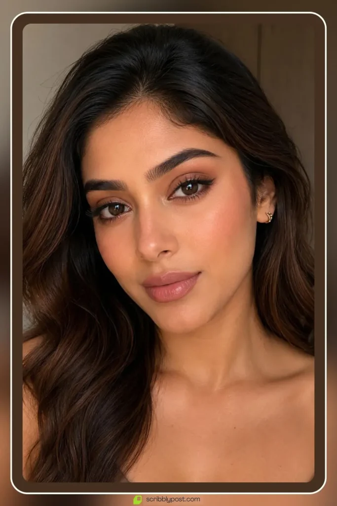soft glam makeup brown eyes nude lips warm brown blended eyeshadow nude pink lip peachy blush everyday look