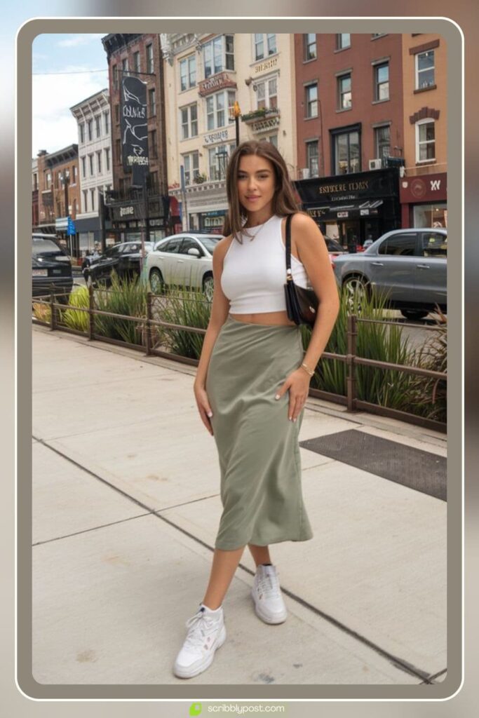 Sport Sandals + Midi Skirt + Cropped Tee