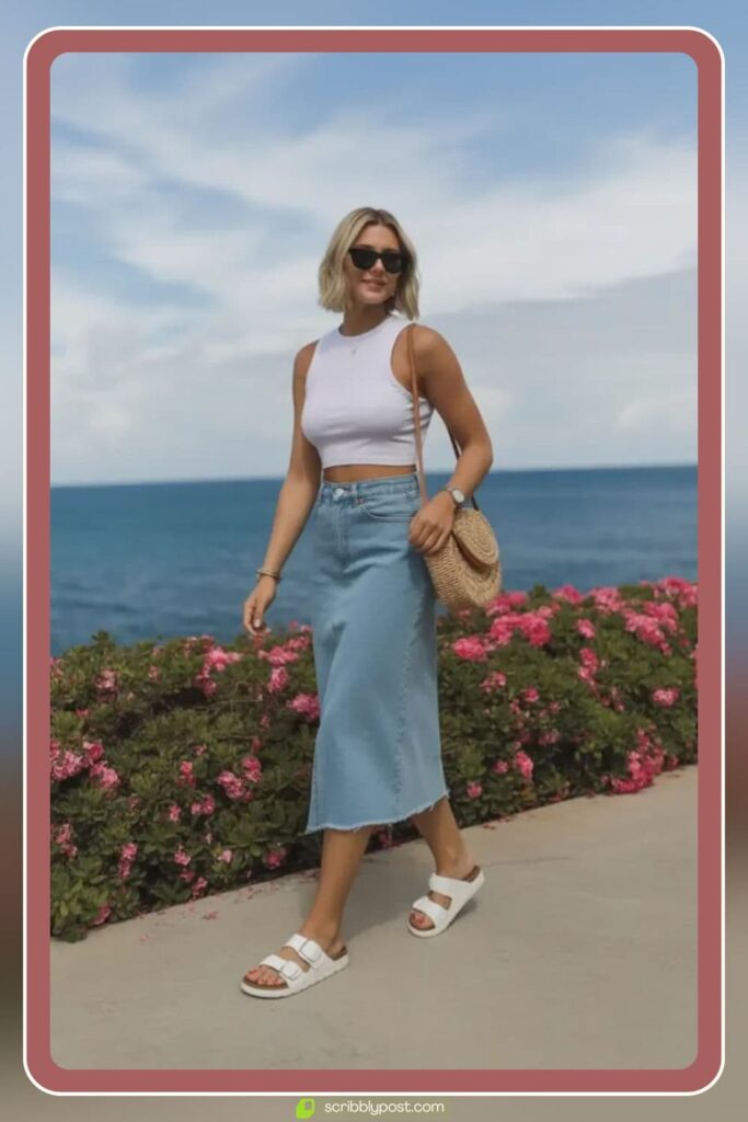 Sport Sandals with Midi Skirt and Cropped Tee