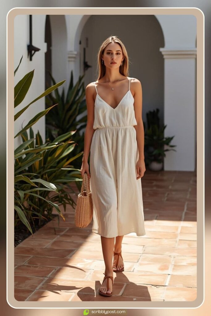 Strappy Flat Sandals + Linen Midi Dress