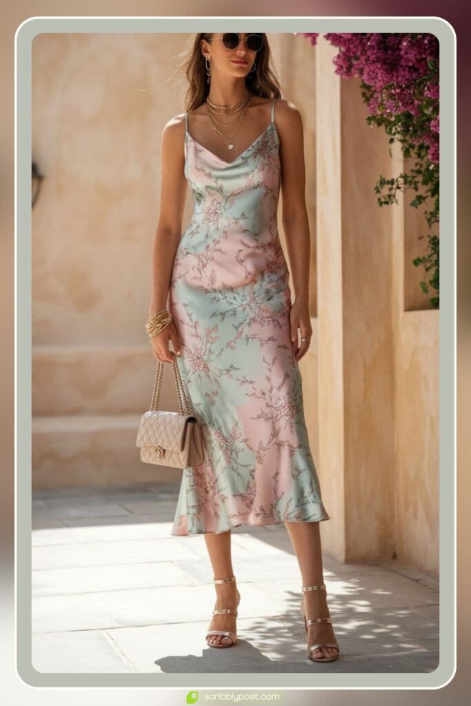 Strappy Heeled Sandals + Slip Dress + Gold Jewelry