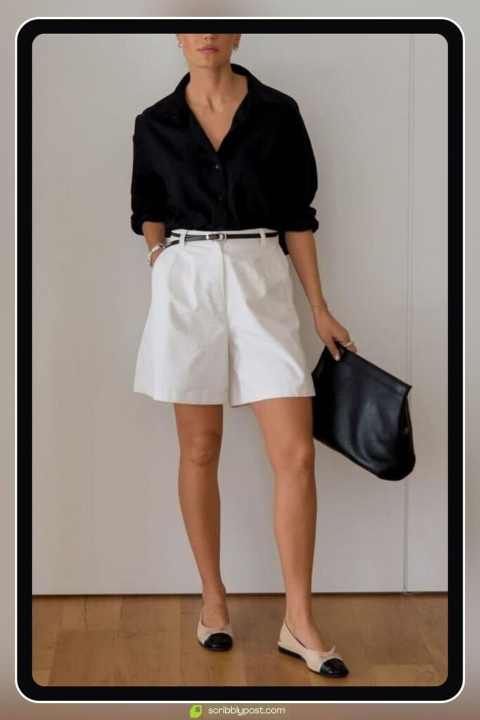 Tailored Shorts + Oxford Button-Down + Ballet Flats