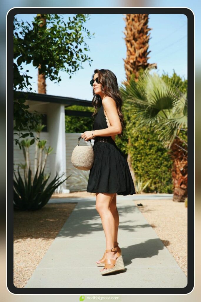 Wedge Espadrilles + Wrap Dress + Woven Bag