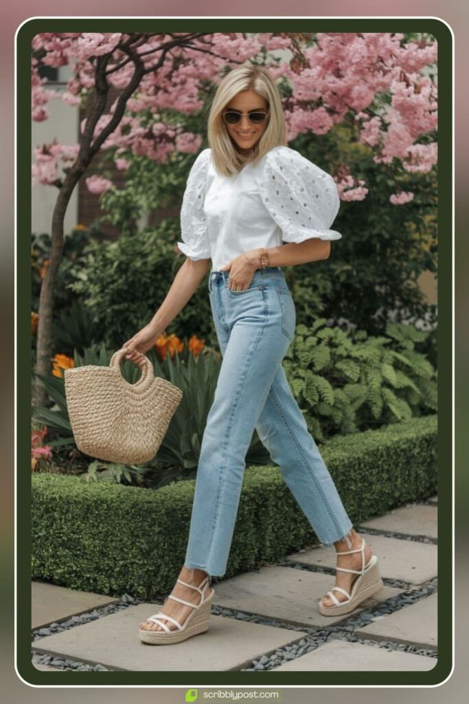 Wedge Sandals + High-Waisted Jeans + Floral Blouse