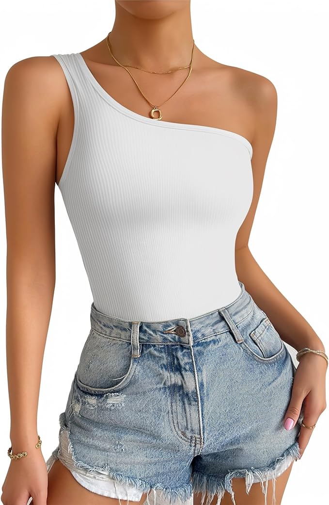 White Ribbed One Shoulder Top