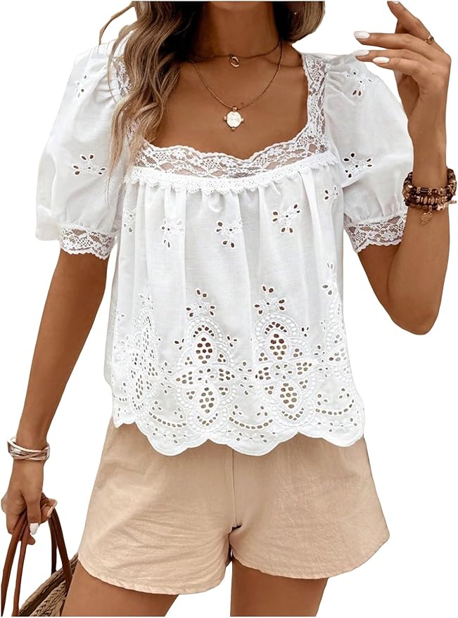 White Eyelet Puff Sleeve Blouse