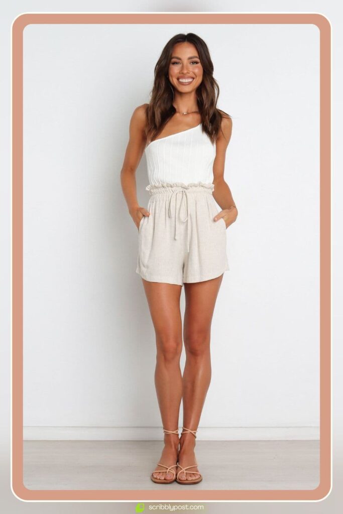 Wide-Leg Linen Shorts + Off-Shoulder Top + Strappy Sandals