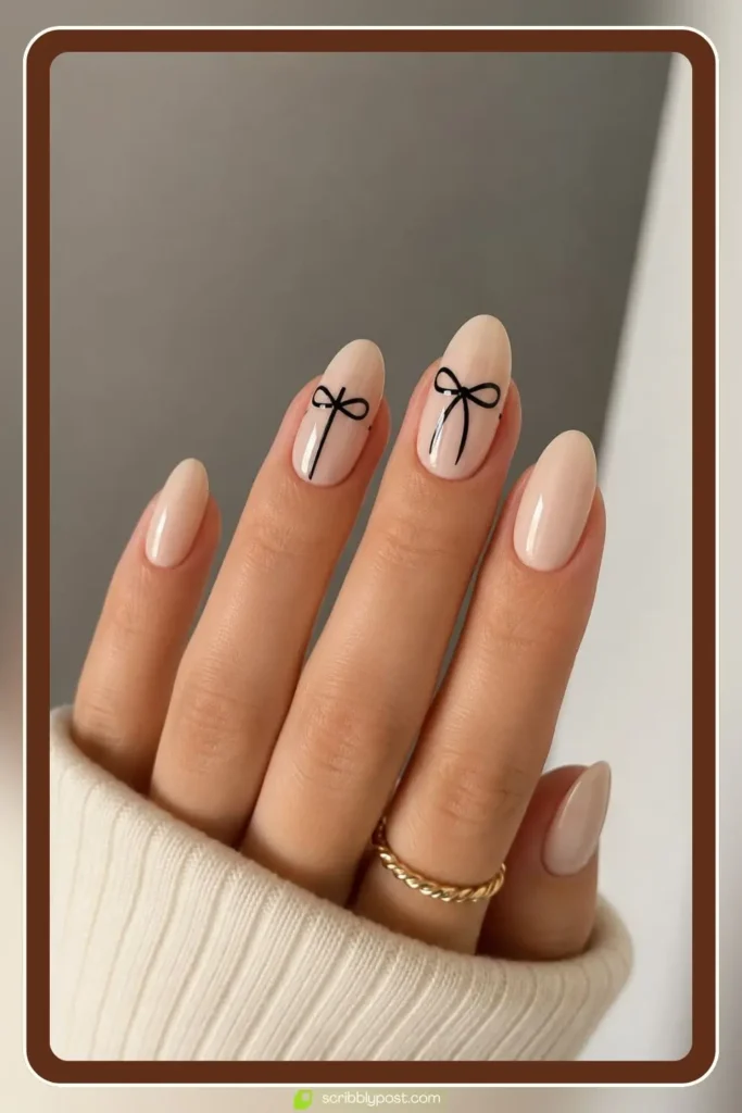 Black Bow Nail Designs on Nude or White