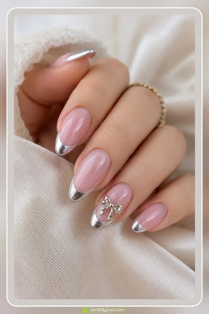 Bow Charm on Chrome French Tips